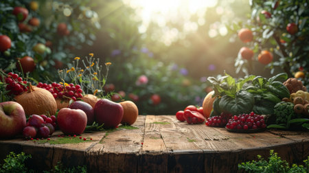 A variety of fresh fruits and vegetables displayed on a wooden table, showing a colorful and nutritious assortment.の素材