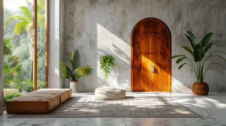 A room featuring a potted plant positioned next to a closed door.の素材