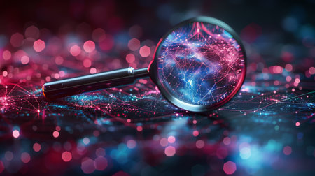 A magnifying glass placed on top of a wooden table.の素材