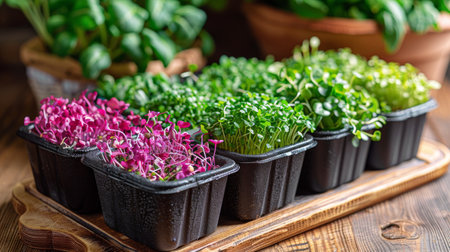 A collection of various green plants neatly arranged in a rectangular tray.の素材