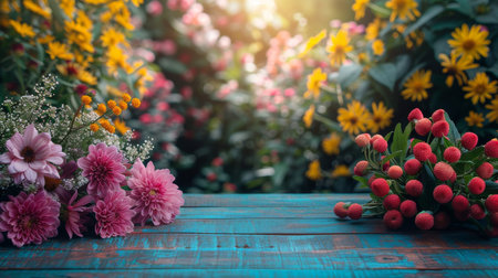 A collection of colorful flowers arranged neatly on a wooden table, creating a vibrant and welcoming display.の素材