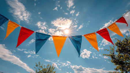 A blue, yellow, and red bunting flutters in the sunny breeze against a clear sky.の素材