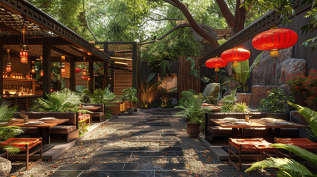 A crowded restaurant filled with numerous tables and chairs, with people enjoying meals and socializing.の素材