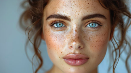 A woman with freckles in her hair and striking blue eyes looks directly at the camera.の素材