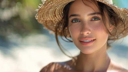 A detailed view of a womans face, highlighting her striking blue eyes.の素材