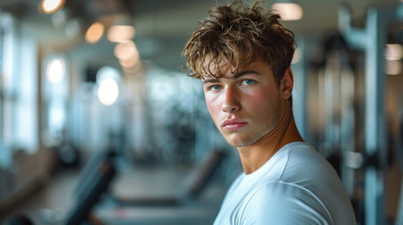 A young man is standing in front of a gym machine, ready to start his workout routine in a fitness center.の素材