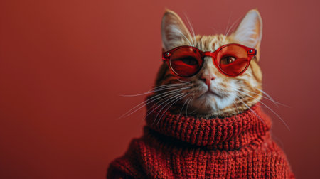 A cat looking fashionable in glasses and a scarf, displaying a unique sense of style.の素材