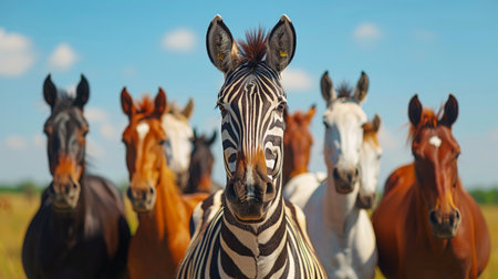 A group of zebras are lined up next to each other, standing together in close proximity.の素材