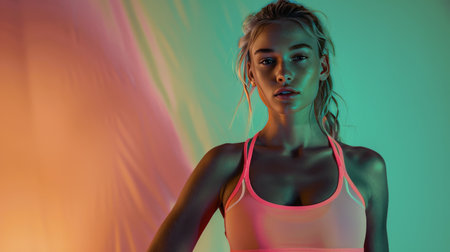 A young woman with a braid standing in front of a blue wall.の素材