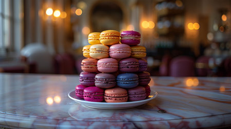 A stack of colorful macaroons neatly arranged on a clear glass plate, showing a variety of flavors and textures.の素材