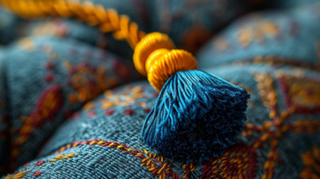 A detailed view of a tassel hanging on a blue couch, showing intricate textures and colors.の素材