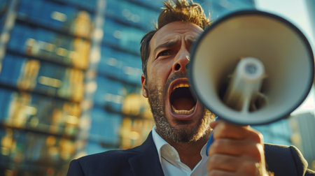 A man in professional attire, wearing a suit and tie, stands holding a megaphone.の素材