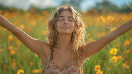 A woman standing among vibrant yellow flowers in a sunlit field.の素材