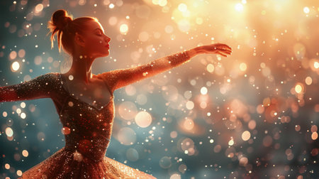 A woman in a dress joyfully dances in the rain, her flowing attire catching the motion.の素材