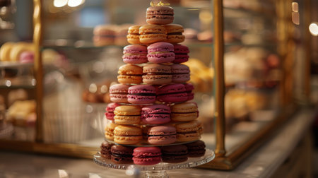 A stack of colorful macaroons neatly arranged on a clear glass plate, showing a variety of flavors and textures.の素材