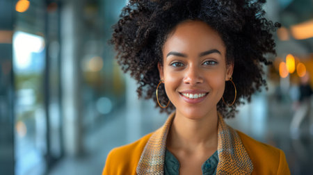 A professional woman in a tailored suit smiling directly at the camera, exuding confidence and poise.の素材