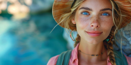 A woman wearing a hat is standing in front of a vibrant blue wall, looking directly at the camera.の素材