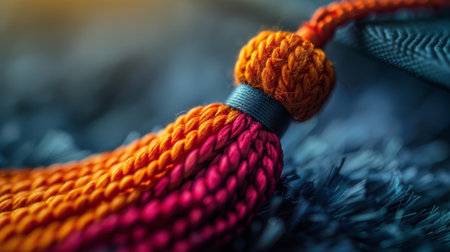 Detailed view of an orange and pink tassel, showing vibrant colors and intricate texture.の素材