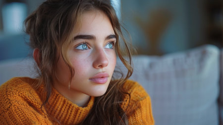 A young girl with long hair and striking blue eyes looking directly at the camera.の素材