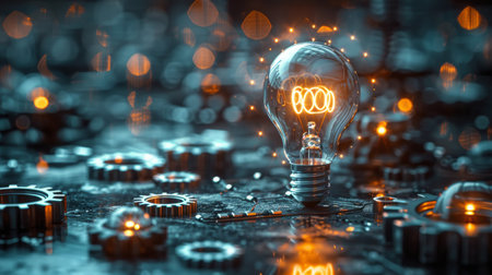 A clear light bulb with visible gears inside, depicting a concept of technology and innovation.の素材