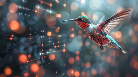 A bird in flight against a blurry backdrop, showing its graceful movement through the air.の素材