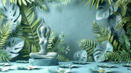 A Buddha statue standing gracefully in front of a backdrop of vibrant green leaves.の素材