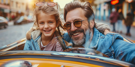 A man and a little girl sitting comfortably in the front seats of a car, looking out of the window.の素材