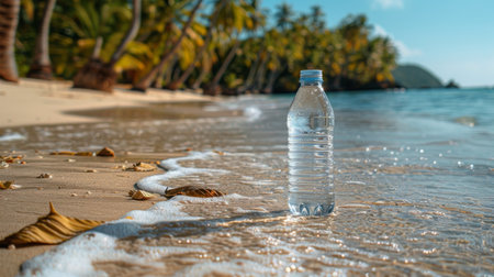 A clear plastic bottle of water is placed on top of a sandy beach, under the bright sun.の素材