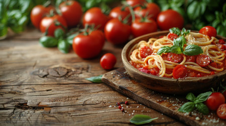 A plate of spaghetti topped with fresh tomatoes and basil, ready to be enjoyed.の素材