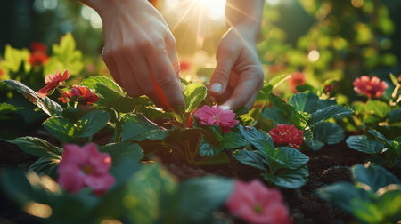 A person extending their arm towards a blooming flower in a lush garden setting.の素材