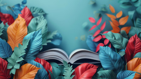 An open book lying on the ground surrounded by vibrant leaves in various shades of red, orange, and yellow.の素材