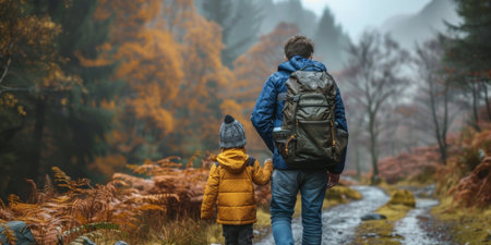 A man and child are walking together down a forest path surrounded by trees and greenery.の素材