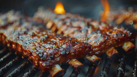 A close-up view of meat sizzling on a grill, with grill marks starting to form on the surface.の素材