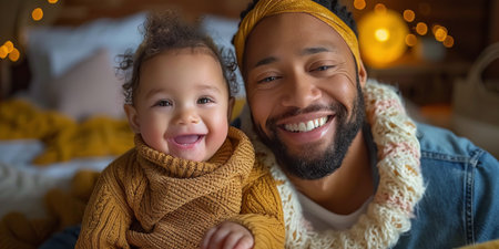 A man and a little girl are standing together, both wearing bright orange shirts. They appear to be smiling and enjoying their time together.の素材