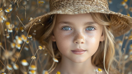 A young girl is standing in a field of colorful flowers, wearing a straw hat under the bright sunlight.の素材