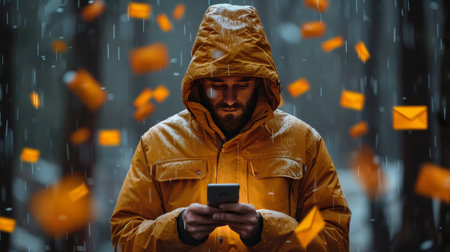 A man wearing a yellow jacket is focused on his cell phone screen.の素材