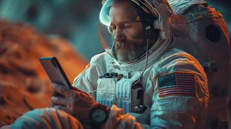 A man wearing a space suit is seen using a cell phone in outer space.の素材