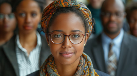 A woman wearing glasses and a headscarf stands in front of a group of people.の素材