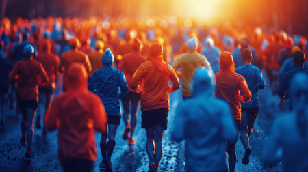 A person is running in the rain, their feet lifted up high while in motion, creating a dynamic and energetic scene.の素材