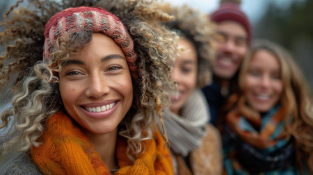 A diverse group of individuals standing together and posing for a group photograph in a park.の素材