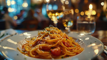 A plate filled with spaghetti noodles twirled in tomato sauce rests on a wooden table.の素材