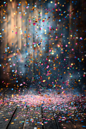 Wooden floor strewn with colorful confetti, creating a festive and lively atmosphere.の素材