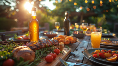 A grill showcasing various food items cooking, including meat, vegetables, and seafood under the heat of the flames.の素材