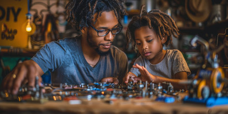 A man and a child are focused and engaged in building structures with colorful Lego blocks.の素材