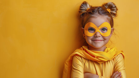 A young girl dressed in a yellow mask and cape.の素材