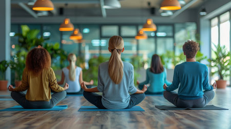 Multiple women are seated on a yoga mat in front of a window, engaging in a group yoga session.の素材