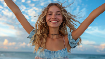 A woman standing on a sandy beach, lifting her arms up in the air.の素材