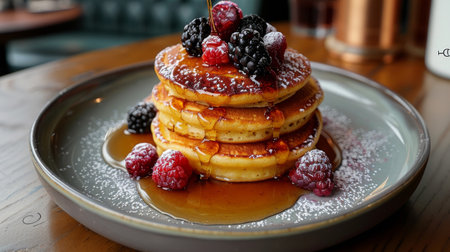 A plate with a tall stack of pancakes topped with sweet syrup and fresh berries.の素材