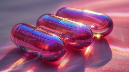 Close-up of two glossy pill bottles resting on a bed surface.の素材