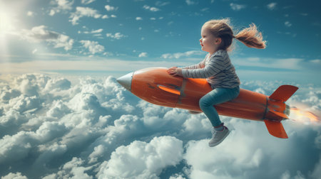 A young girl in a field, seated next to a toy rocket, looking curiously at the rocket.の素材